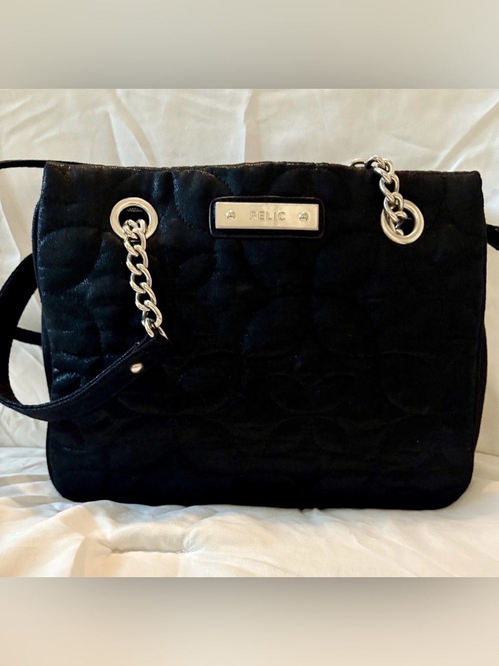 Relic Black Quilted Velvet Shoulder Bag Purse Silver Chain Strap